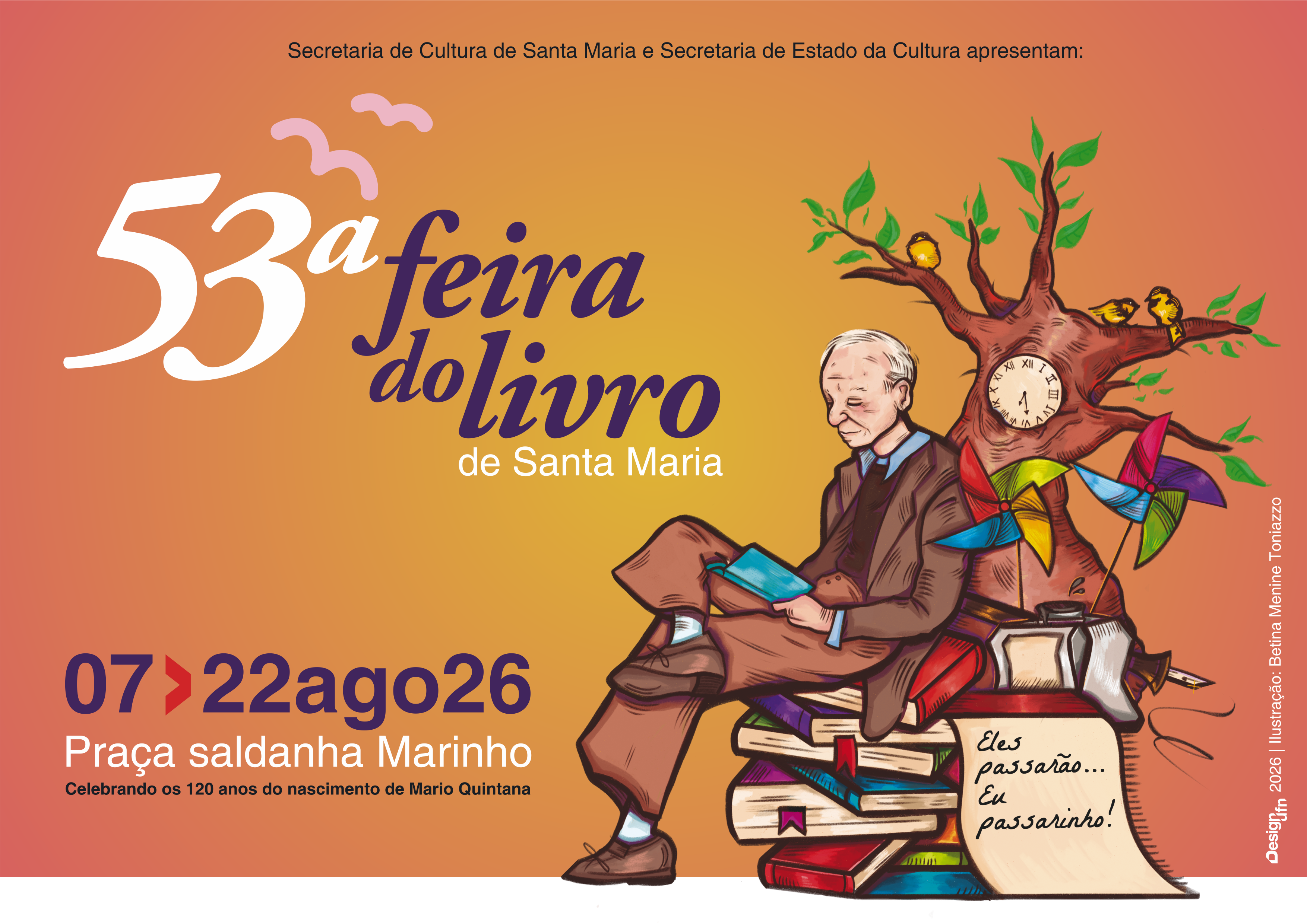 Cartaz oficial da 53ª Feira do Livro de Santa Maria. Ilustração: Betina Menine Toniazzo.